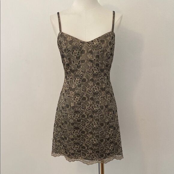 Vintage Bebe Late 90s/ Early 00's Lace Black and Gold Mini Dress Size 6 - Picture 2 of 15